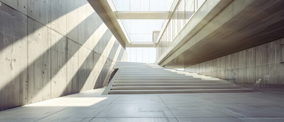 Obraz premium A striking architectural space with high ceilings, abundant natural light, and sleek concrete surfaces harmonizes form and function in a modern design.