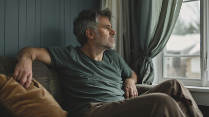 Man sitting on the sofa and looking out the window.