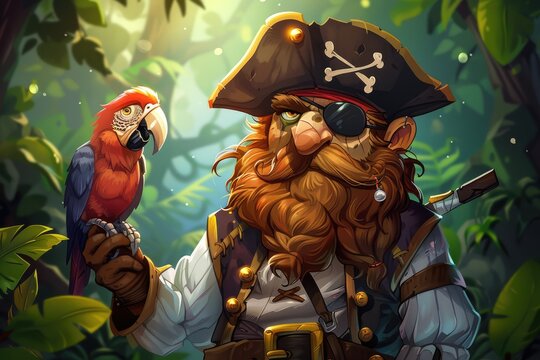 Cartoon pirate with eyepatch and parrot, bright colors, whimsical background, playful and fun