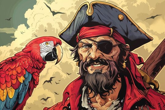 Cartoon pirate with eyepatch and parrot, bright colors, whimsical background, playful and fun