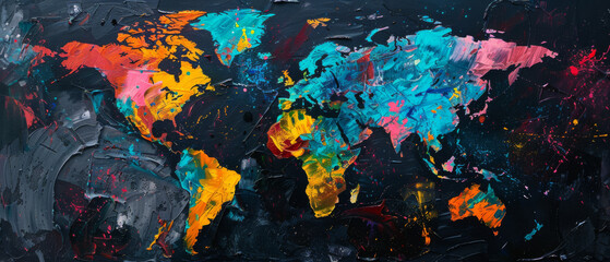 An abstract, colorful world map on a black canvas with bold splashes of paint, creating an impression of energetic and spontaneous creativity.