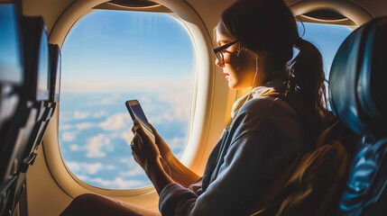 Fototapeta premium Young woman sitting with blank phone on the aircraft seat near the window during the flight in the airplane.- Generative AI.