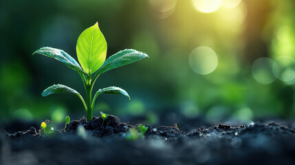 Small plant sprouting from the soil, bathed in sunlight, representing growth, new beginnings, and nature's resilience.