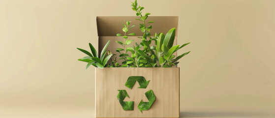A cardboard box with a recycling symbol, brimming with various green plants against a soft beige background symbolizing eco-conscious living.