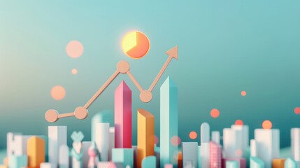 A symbolic illustration of real estate growth and financial success, with a graph showing upward trends and a cityscape backdrop reflecting economic development. The image offers ample copy space for