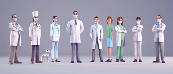 A diverse group of healthcare professionals, each in medical attire, standing confidently and united, symbolizing teamwork and commitment to health.