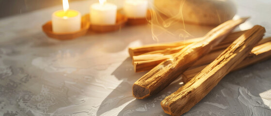 Glowing candlelight illuminates aromatic wood sticks, with soft smoke spiraling upward in a meditative, peaceful ambiance.
