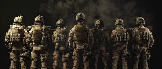 Fototapeta premium Seven soldiers in formation, backs turned, under dim light with a mysterious, smoky background, ready for their mission.
