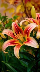 Fototapeta premium Very pretty colorful lily autumn garden flower close up