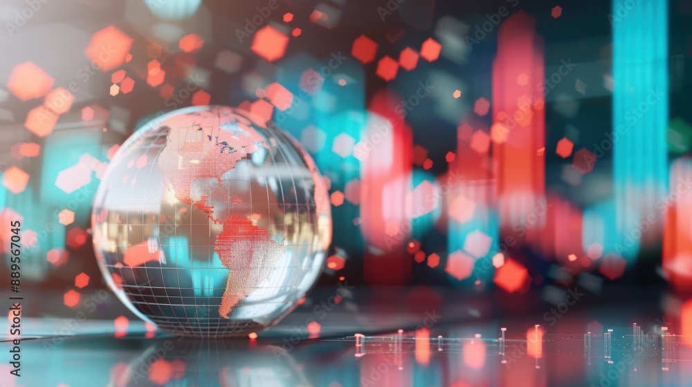 Poster a symbolic representation of financial concepts and global market expansion, depicted through a glob