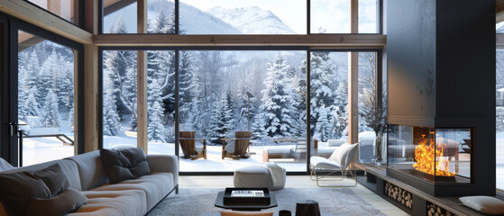 Gorgeous modern living room with expansive windows showcasing a breathtaking snowy mountain landscape and a roaring fireplace.