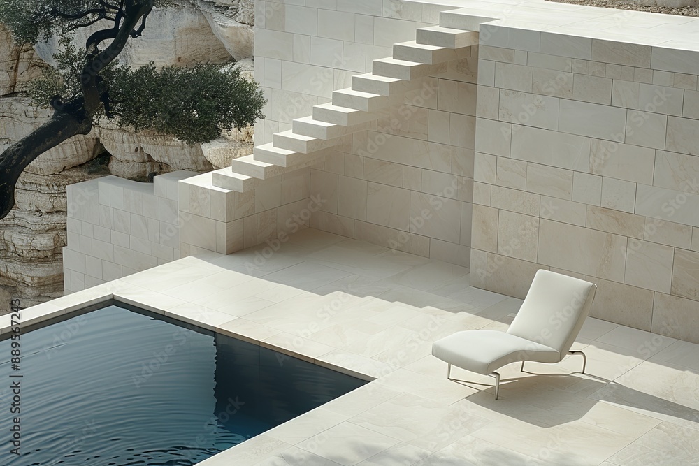 Poster minimalist architectural design with a modern infinity pool overlooking the ocean creating a stylish