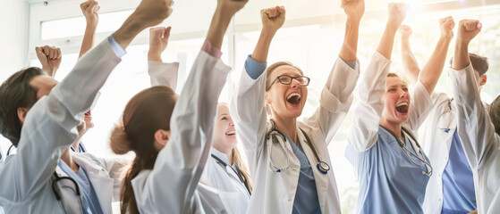 Obraz premium A group of exuberant doctors in white coats raising their fists in celebration in a bright, modern healthcare facility.
