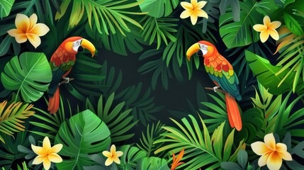 A minimalist green jungle with exotic flowers and vibrant tropical birds