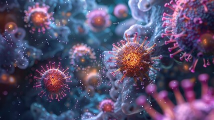 Obraz premium A colorful representation of virus particles interacting with human cells, showcasing the infection process in a visually engaging way.