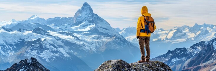 Naklejka premium Alps mountain landscape background with a mountain hiker in Europe trekking. Panoramic banner with Alps mountain hiker.