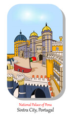 Fototapeta premium CIMAHI, INDONESIA-JULY 17, 2024-Cute National Palace of Pena Sintra unique vintage architecture buildings.Vector illustration design cartoon for poster,collection,background,sticker,souvenir,fabric.