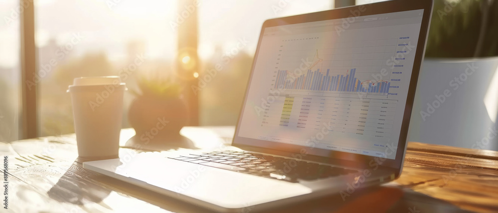 Wall mural sunlight streaming through the window illuminates a sleek laptop displaying data charts, accompanied