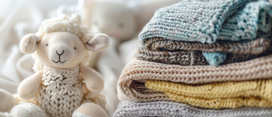 A sweet knitted lamb plushie sits next to a neatly stacked pile of pastel-colored knitted blankets, exuding homeliness and serenity.
