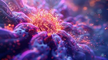 An artistic interpretation of a virus particle surrounded by vibrant, swirling colors, creating a sense of movement and energy.