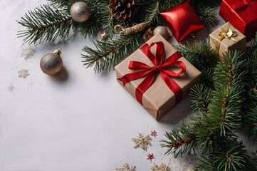 Christmas gift box in a craft paper with cones, balls, fir tree branches on a white background, zero waiste packaging, eco friendly, recycling. New year backrounds, greeting postcard, copy space.