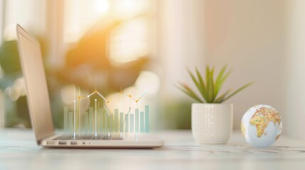 A minimalist desk setup with a laptop displaying financial graphs and a globe, emphasizing the connection between technology, finance, and international travel.