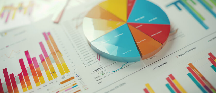 A well-structured arrangement of vibrant pie charts and bar graphs on documents, representing a thorough analysis for a business presentation or meeting.