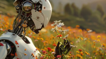 Serene Robotic Hand Gently Touching Wildflowers in Meadow at Sunset