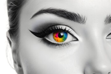 Detailed black and white photo of a woman's eye with colorful abstract highlights