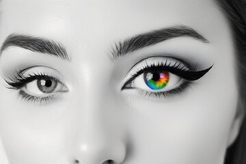 Black and white close-up of a woman's eye featuring colorful abstract art