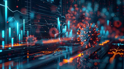 An image of a virus particle overlaid with data charts and graphs, symbolizing the analysis and tracking of virus outbreaks.
