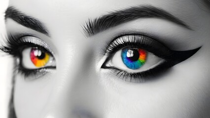 Obraz premium Black and white photo of a woman's eye with abstract colorful accents