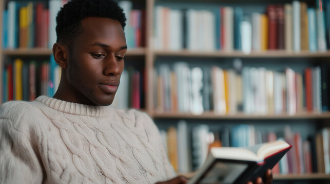Young adult reading e-book on tablet for International Literacy Day, modern literacy theme.