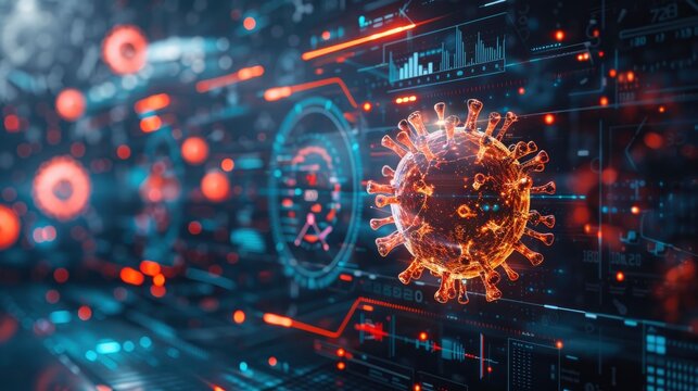 An image of a virus particle overlaid with data charts and graphs, symbolizing the analysis and tracking of virus outbreaks.