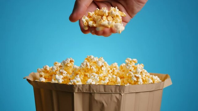 Fluffy white popcorn in papper bag, healthy snack with hand
