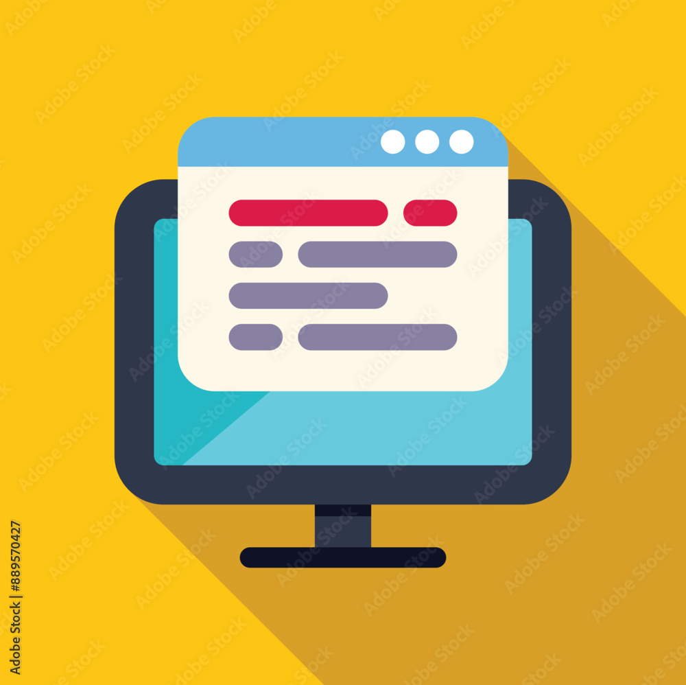Poster desktop computer displaying a website homepage with a long shadow on a yellow background