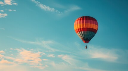 Fototapeta premium Solitary hot air balloon in vast sky during early morning light, with copy space