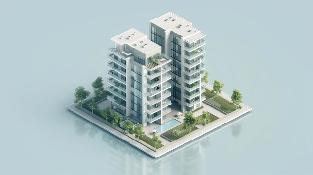 Architectural concept of a modular isometric high-rise building design.