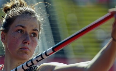 Determined Female Athlete Throwing Javelin with Blurred Background and Clear Blue Sky, Wearing Number 598, Focus on Face, Vibrant Colors, Professional Sports Action