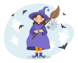 Halloween illustration, cute little cartoon witch with a broom, ghosts and cat. Children's print, vector