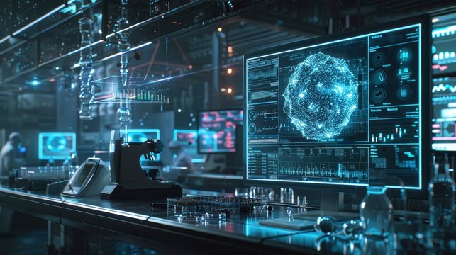 A futuristic depiction of virus research with advanced holographic displays and scientists analyzing data in a high-tech lab.