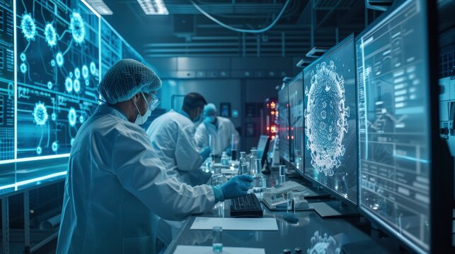A futuristic depiction of virus research with advanced holographic displays and scientists analyzing data in a high-tech lab.