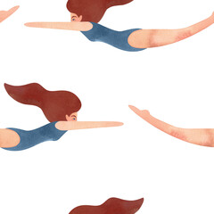 Seamless pattern with floating women in vintage style. Swimming. Watercolor illustration on white background