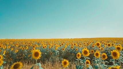 Obraz premium Sunny Vistas: Expansive Sunflower Field in Full Bloom Under a Clear Blue Sky, Copy Space