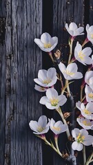 White spring flowers and leaves on rough dark boards