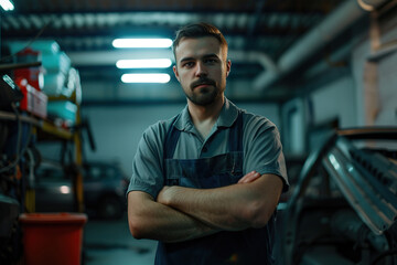 Obraz premium A man in a blue apron stands in a garage with his arms crossed.