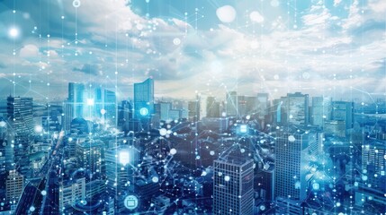 Cityscape with Futuristic Network Overlay