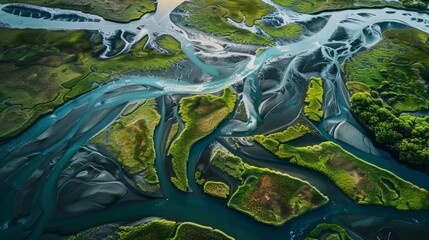 Aerial Panorama of River Delta: Intricate Waterways and Natural Beauty, Deltaic Ecosystems, Copy Space