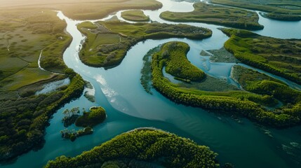 Aerial Panorama of River Delta: Intricate Waterways and Natural Beauty, Deltaic Ecosystems, Copy Space