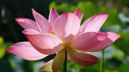 A beautiful pink lotus flower with its petals wide open, basking in the sunlight.